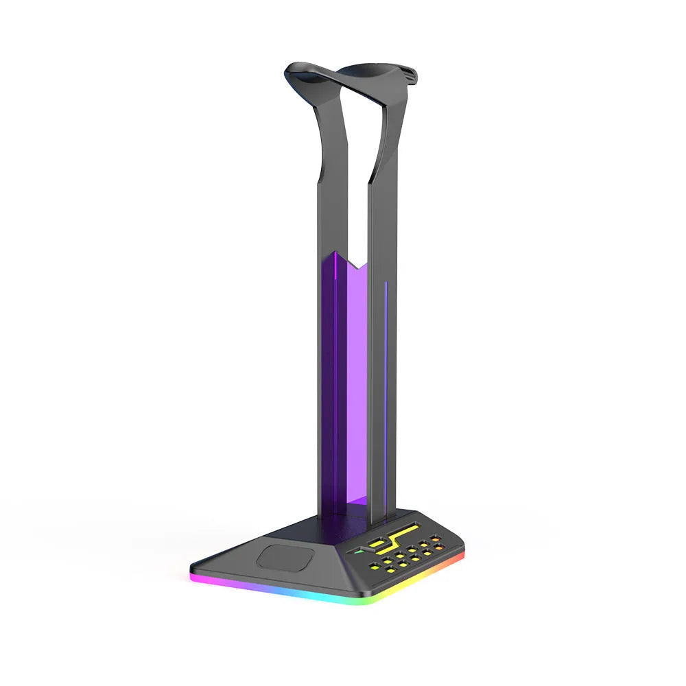 RGB colour changing headset display bracket with dual USB ports holding gaming headphones