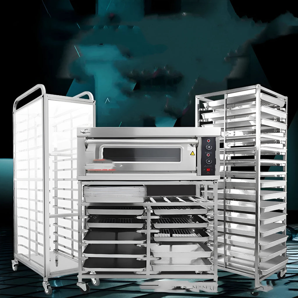 Stainless steel 6-layer baking tray rack with locking mechanism for 40x60cm commercial trays