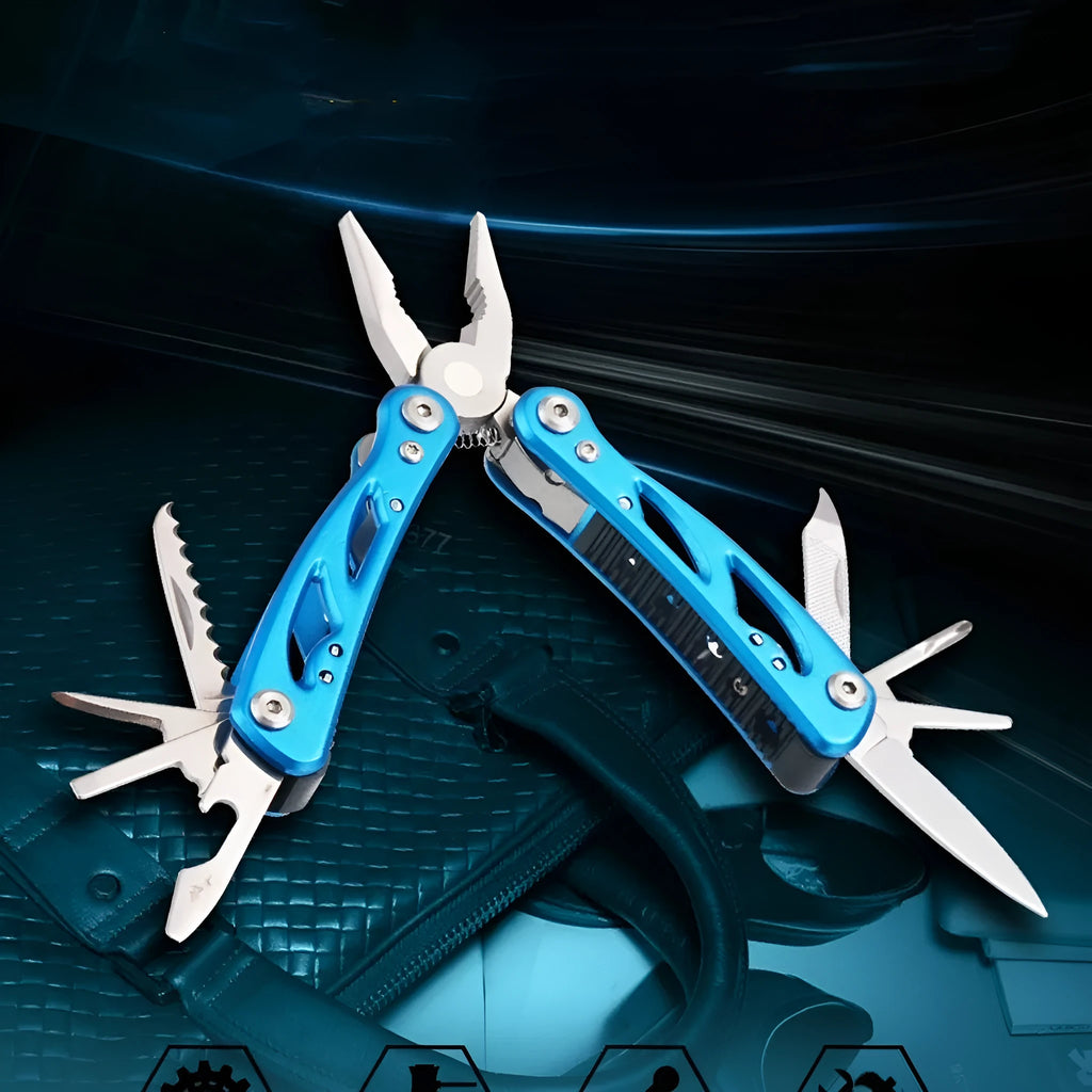 Blue multi-function pliers fruit knife folded on Oxford bag, 125mm length, stainless steel 420 and aluminium build