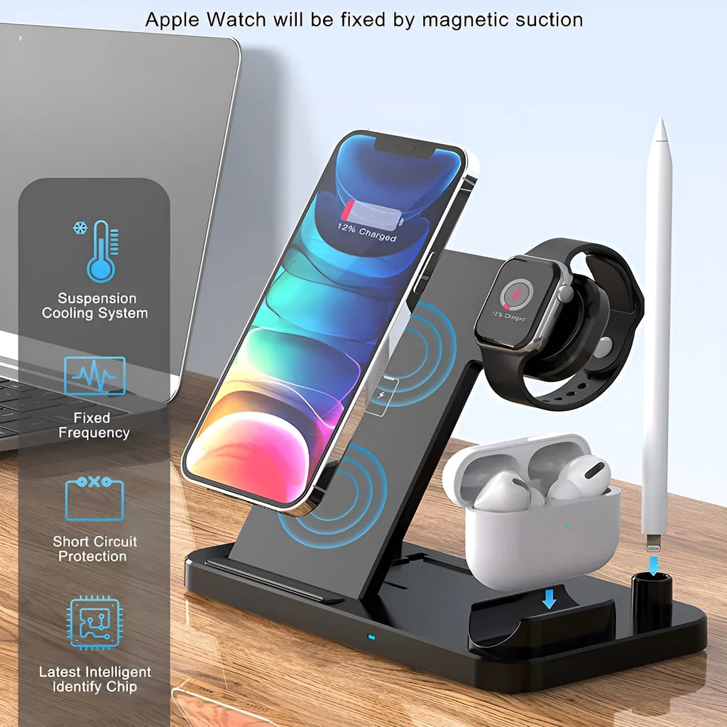 Black four-in-one wireless charger N18 for mobile phones with QC3.0 charging head on a desk