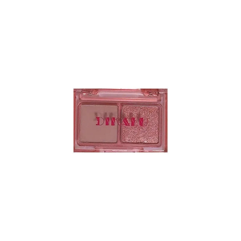 Two-tone eyeshadow plate showing five colour combinations including pink, brown, blue and black matte shimmer shades