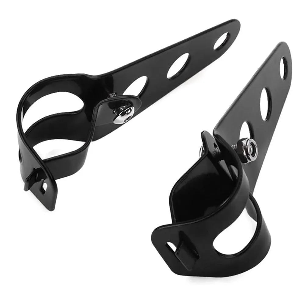 Pair of black iron motorcycle headlamp support brackets for retro modified headlamps, 27-36mm or 38-48mm sizes