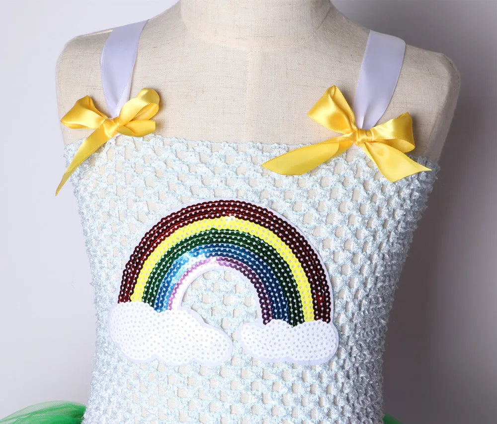 Children's net yarn rainbow show princess dress in sling style with rainbow colour matching, made from nylon and polyester lining.