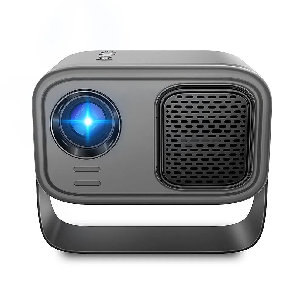 Black HD portable projector with remote control on home office desk
