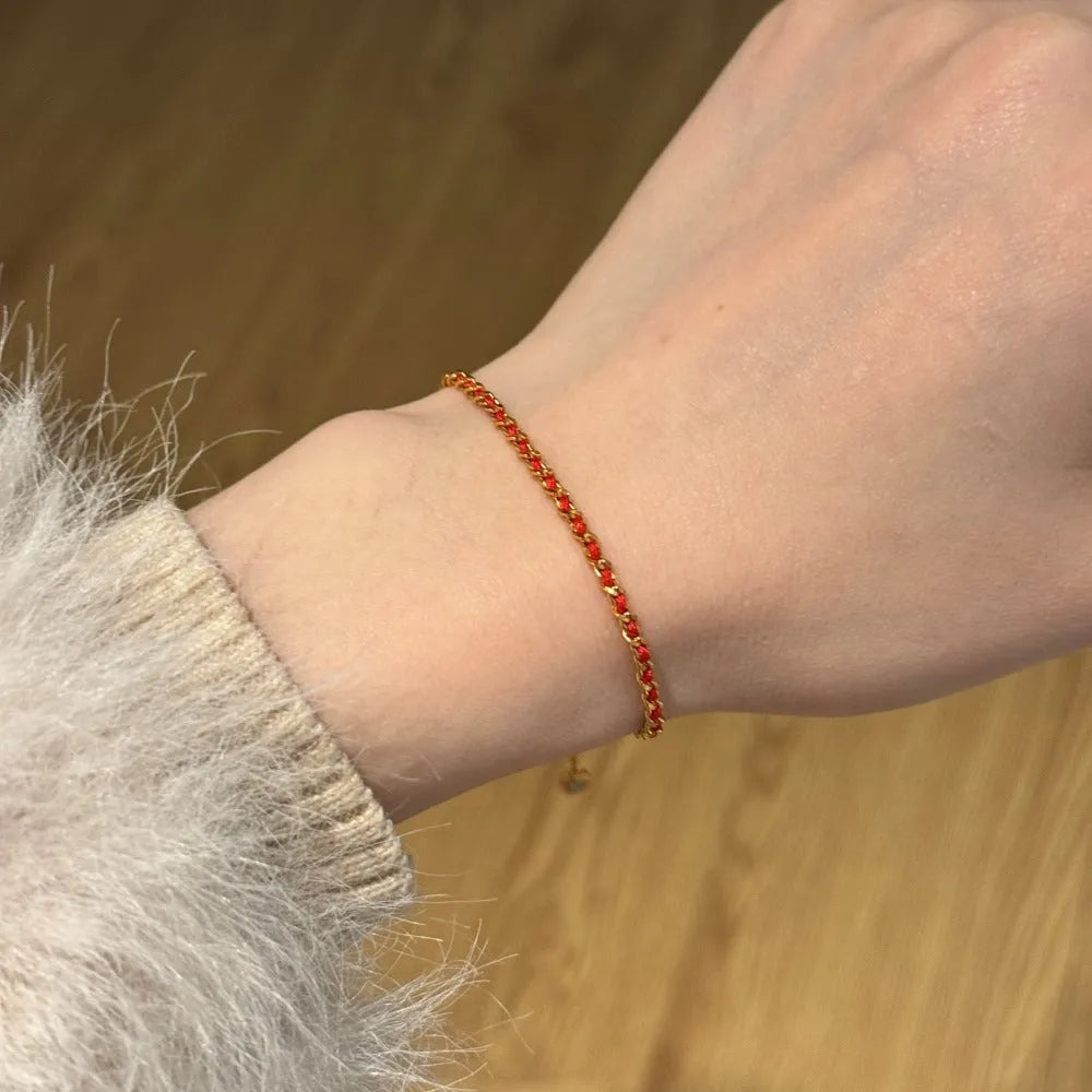 Women's 925 sterling silver bracelet with red rope, gold colour, geometric shape, Chinese style