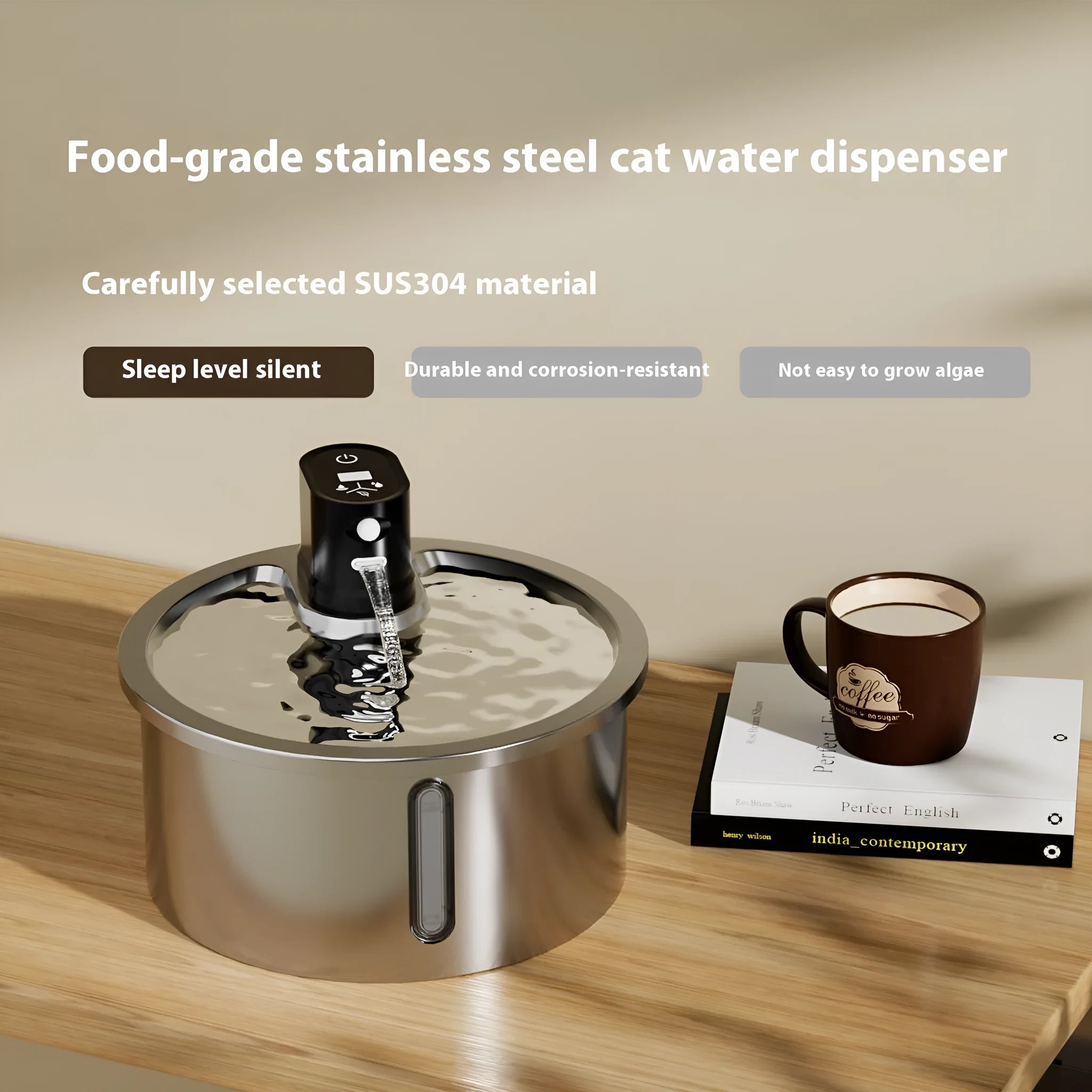 Black and white stainless steel pet water fountain with temperature control base