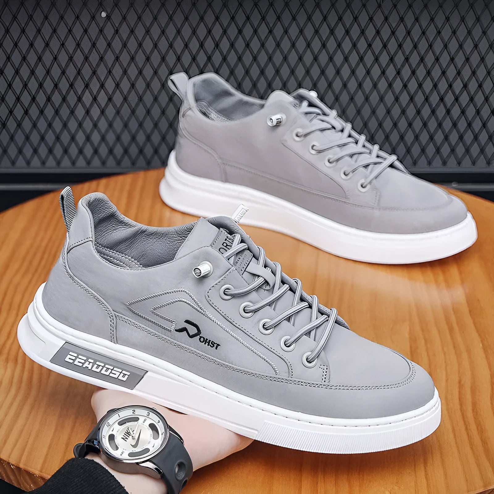 Men's grey casual shoes with canvas upper, leather lining, rubber sole, low-top, and lace-up front