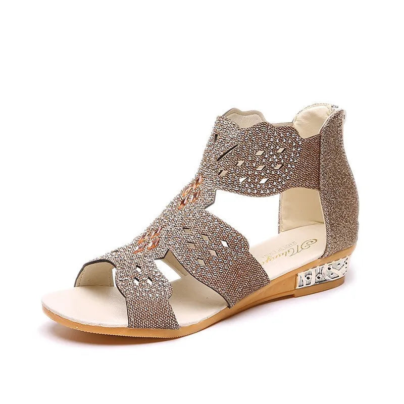 Women's flat sandals with rhinestone hollow design open toe back zipper PU upper rubber sole in beige