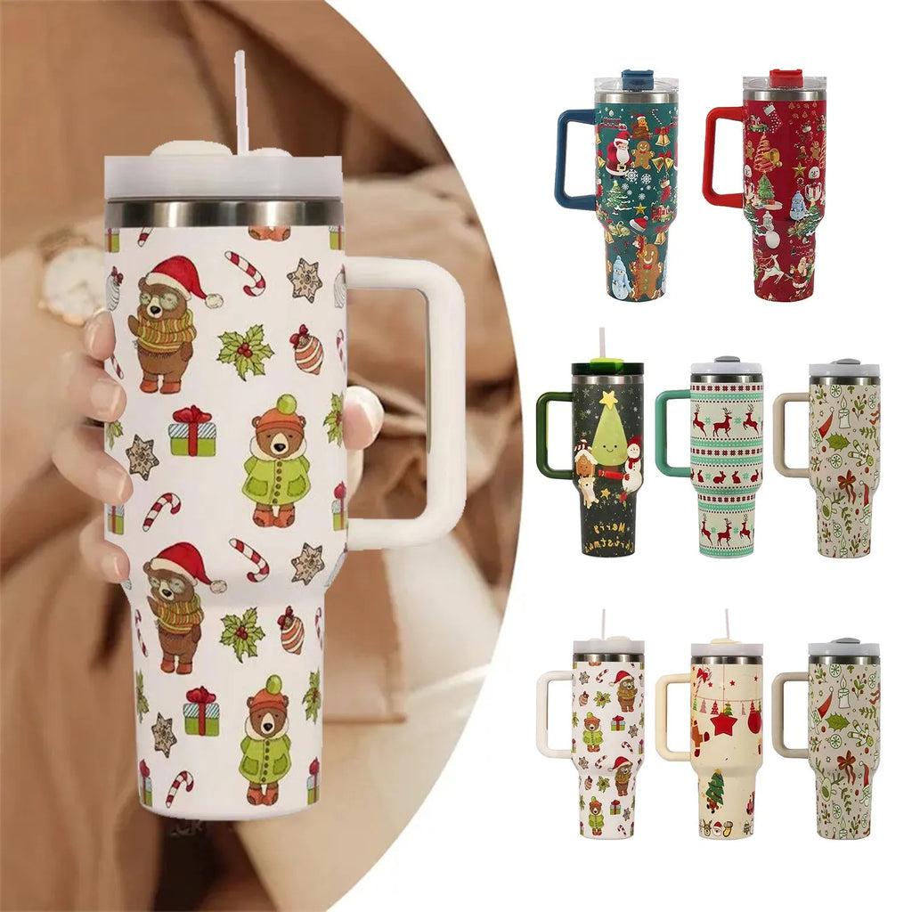 Christmas pattern stainless steel vacuum tumbler with handle, lid, and straw, 1200ml capacity