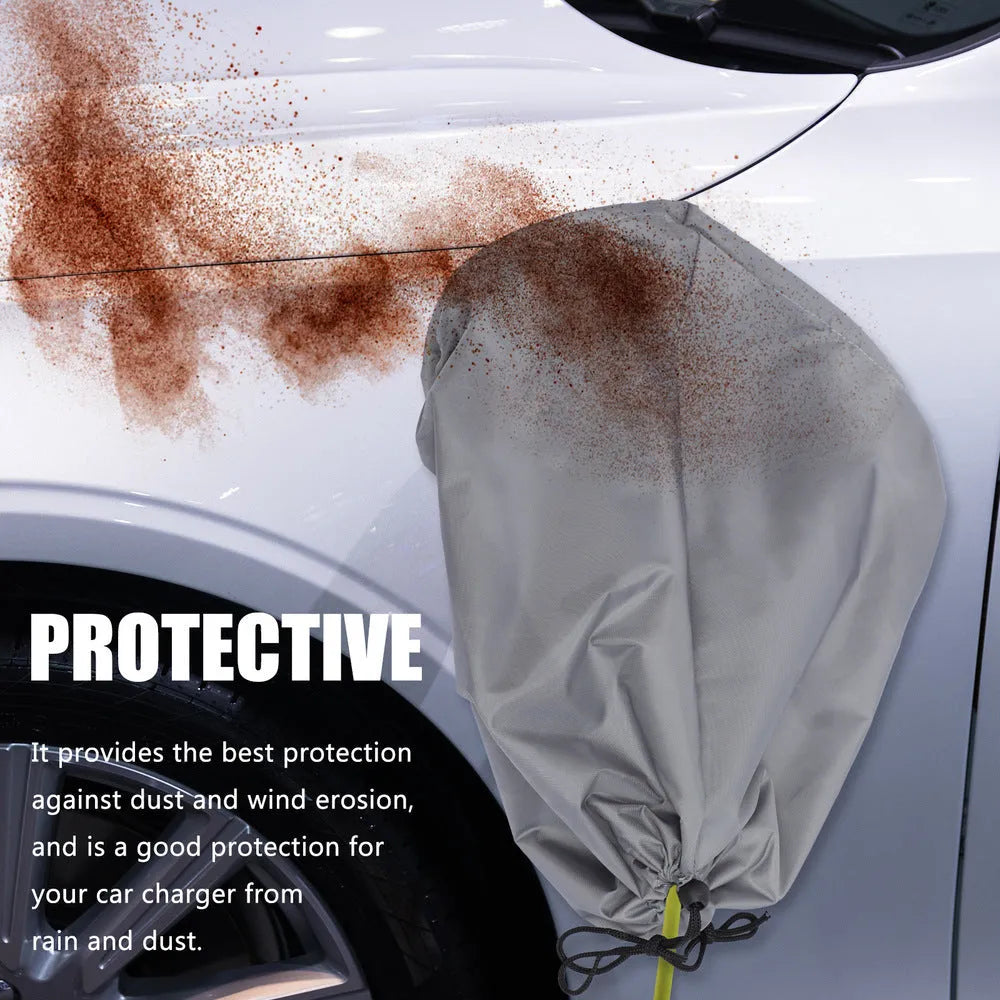 Grey waterproof drawstring cover for electric car charging port on a vehicle.