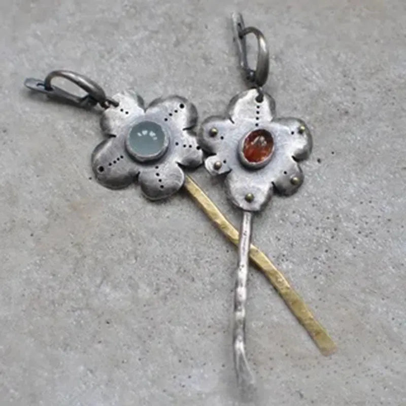 Fashion retro two-tone flower long earrings, alloy, electroplated finish, geometric shape, asymmetrical colours