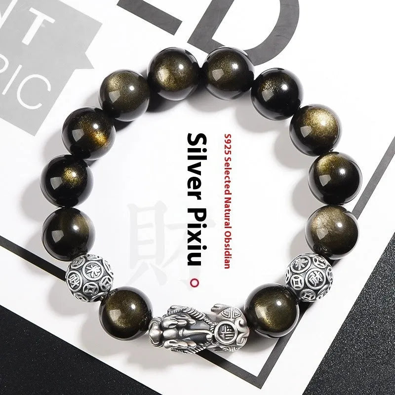 S999 silver natural obsidian bracelet for men with polished geometric beads on leather cord, 12mm size