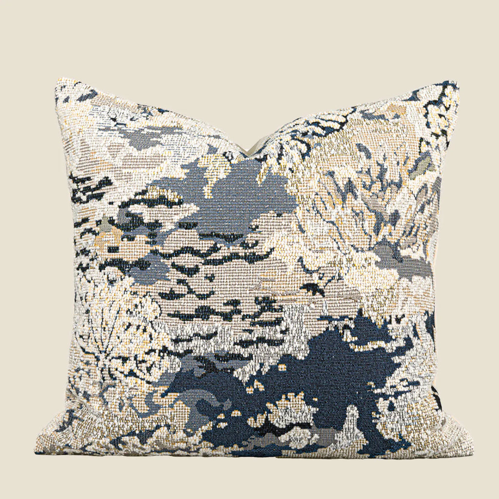 Antique blue wool blend cushion with Chinese floral pattern and feather velvet filling