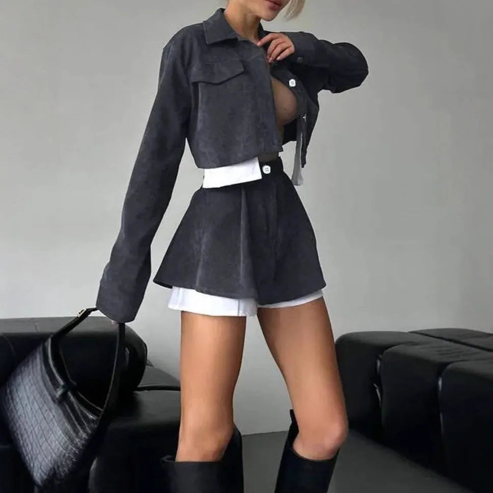 Women's two-piece set with long sleeve cardigan and cake short skirt in black, with blended fabric.