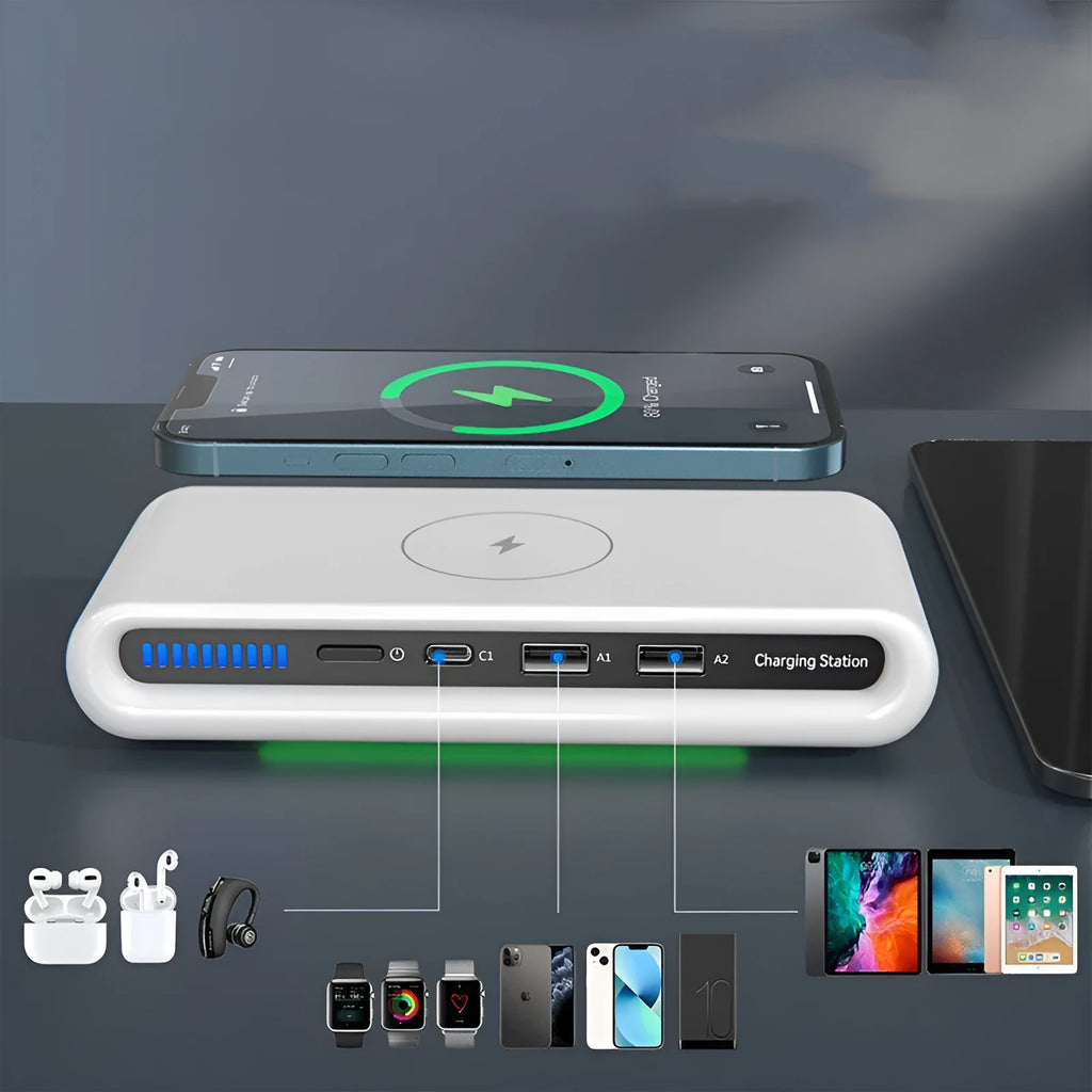 White desktop wireless charging pad with built-in 8-colour atmosphere mood lamp showing different LED light modes