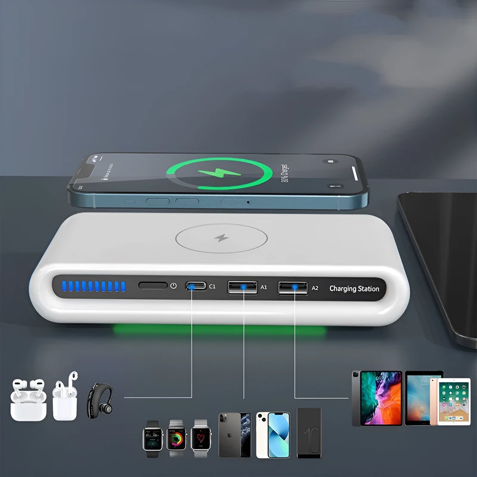 White desktop wireless charging pad with built-in 8-colour atmosphere mood lamp showing different LED light modes