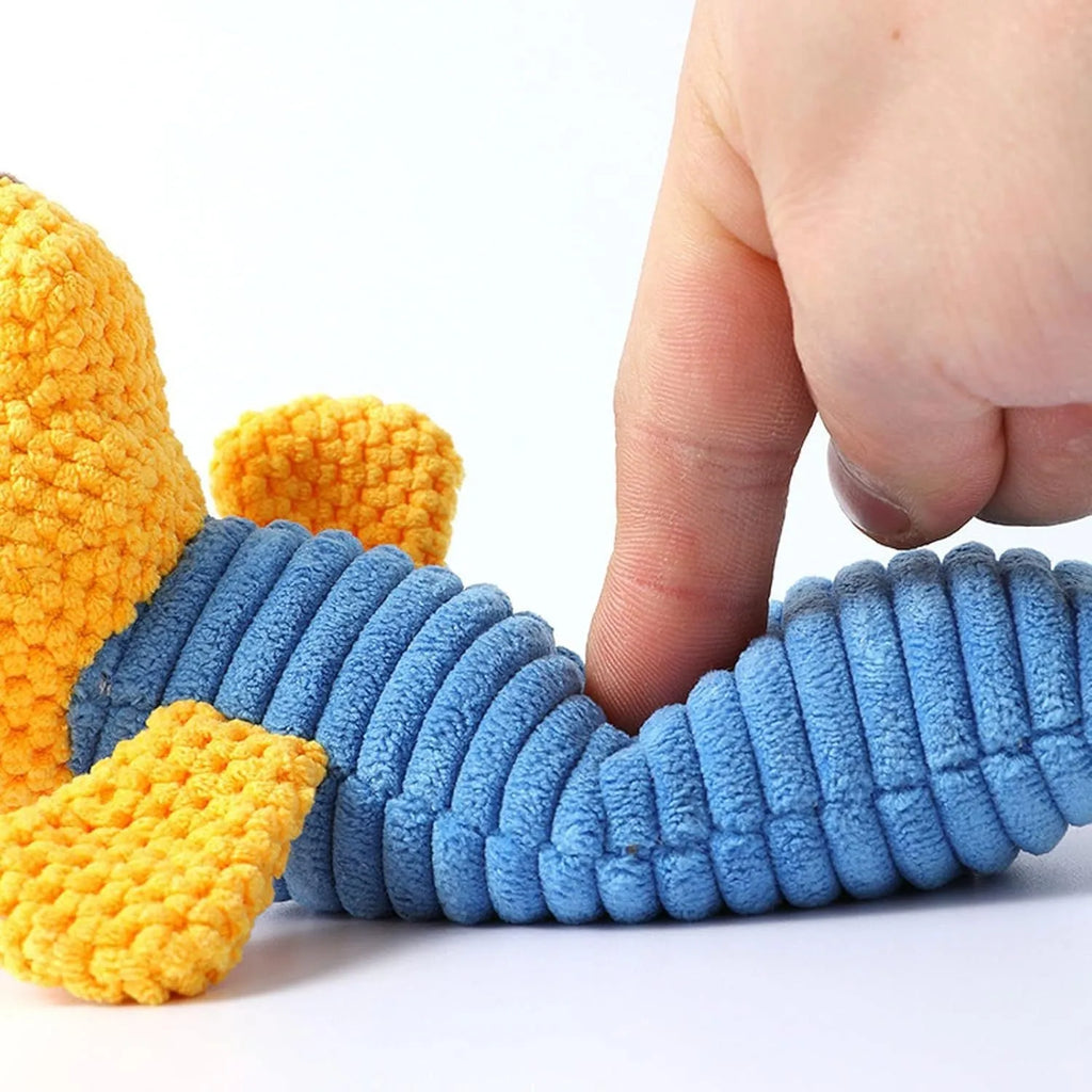 Squeaky plush dog chew toy in animal shapes for dental cleaning and teething relief