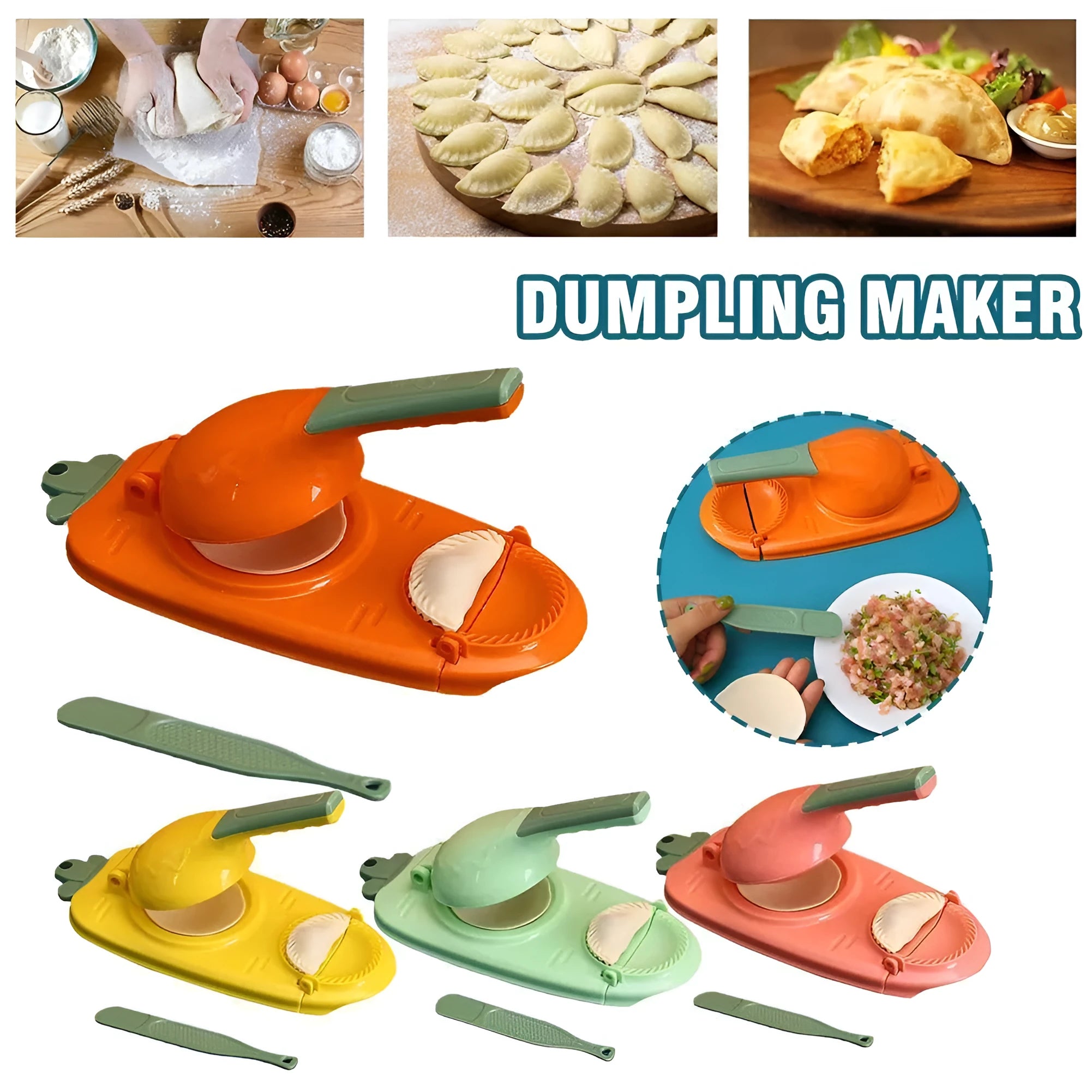 2-in-1 plastic dumpling dough press maker in orange and white, with ergonomic handle and hanging hole for storage