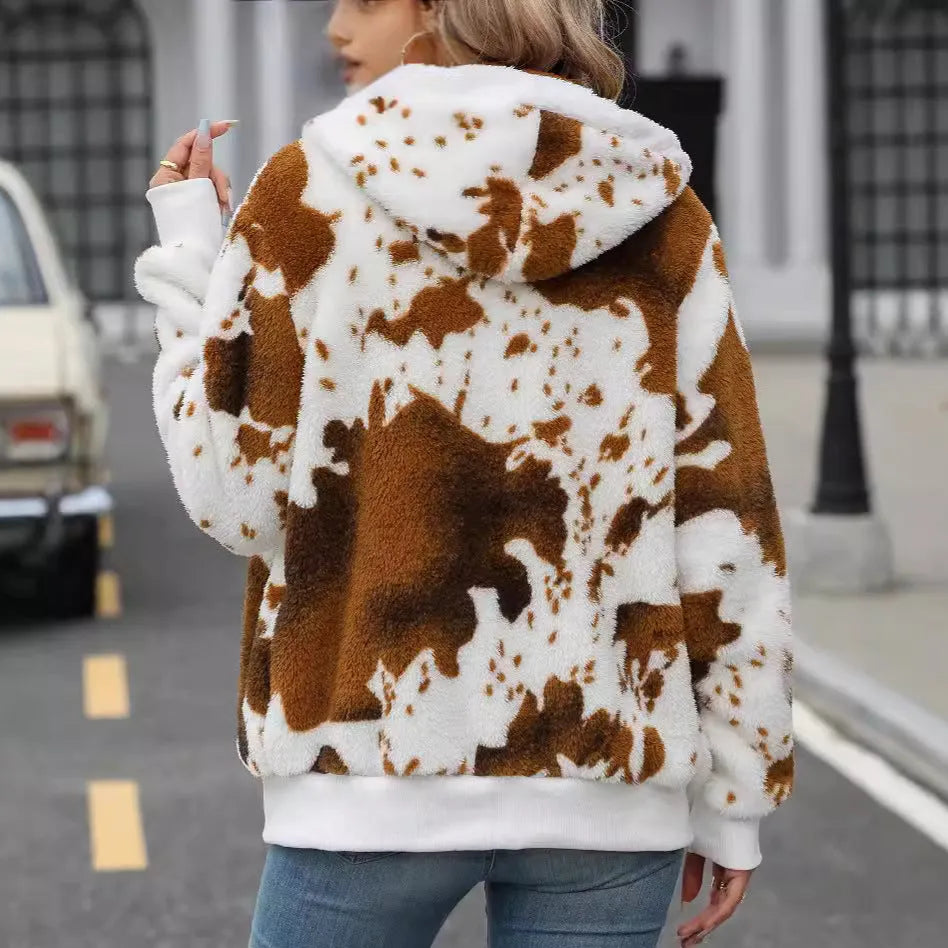 Yellow brown cow animal pattern hooded cardigan jacket with zipper front and regular sleeves