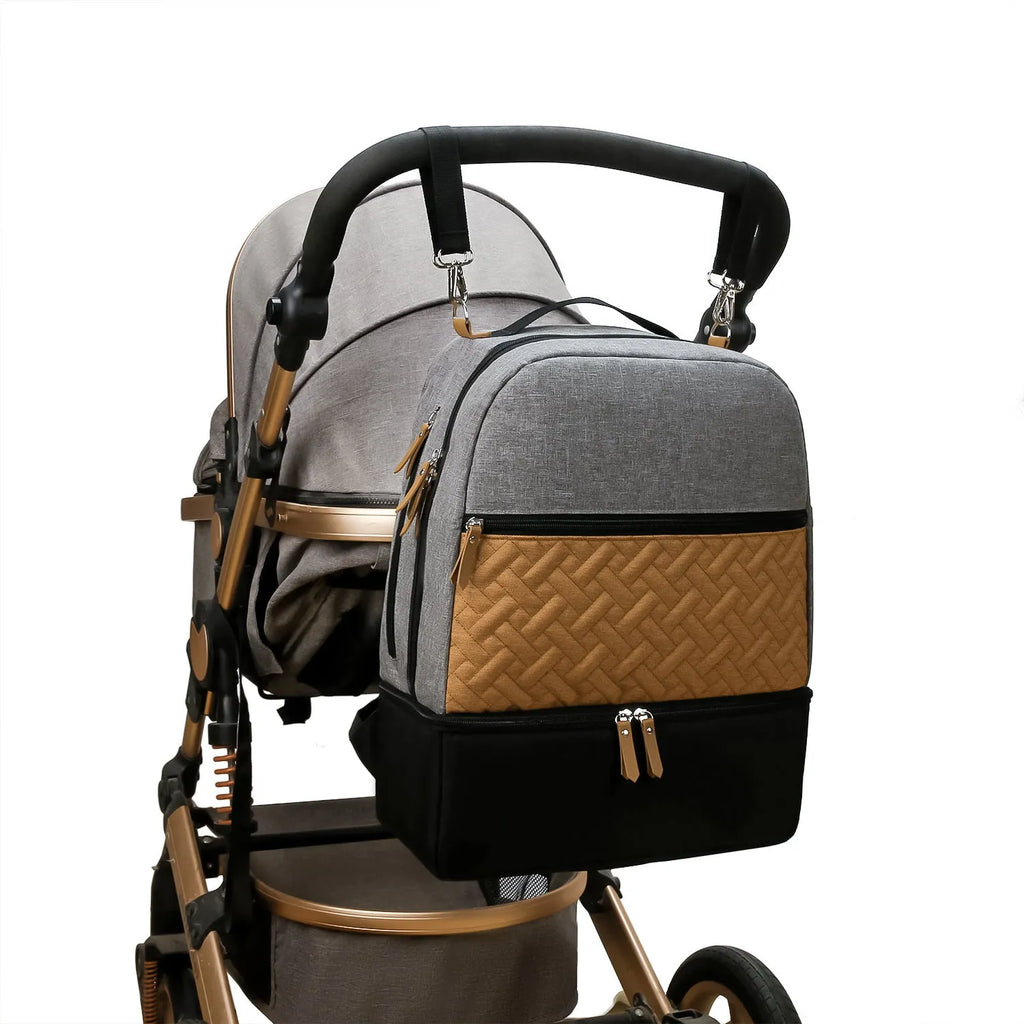 Mother and child travel insulated mummy backpack in brown Oxford cloth with curved shoulder strap