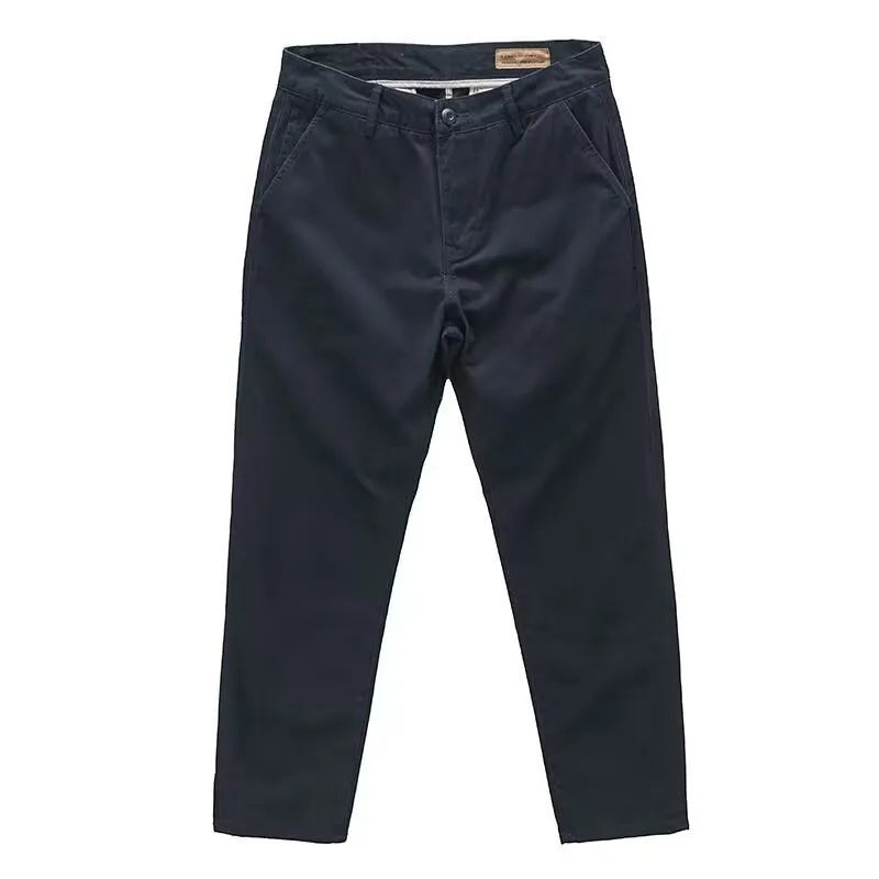 Men's slim washed straight-leg trousers in khaki – cotton-polyester blend with micro elastic weave, side view