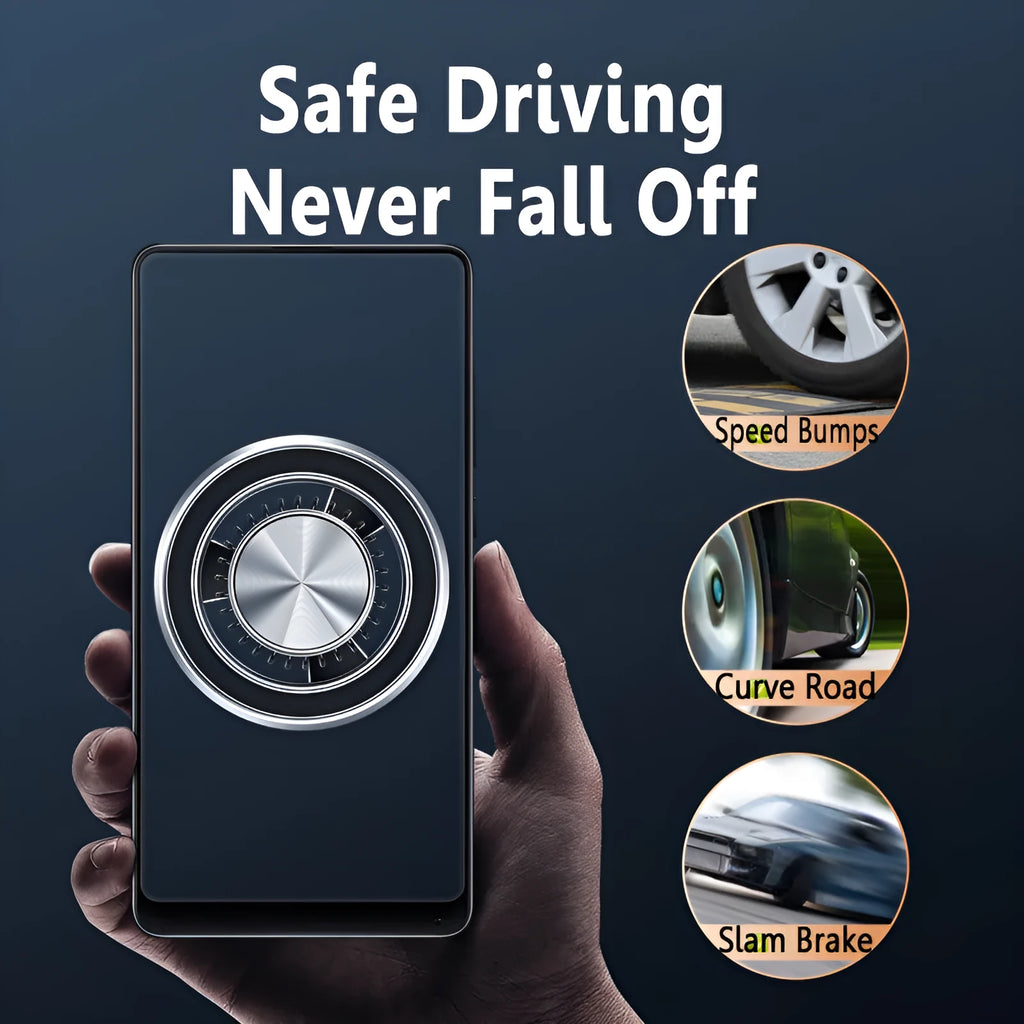 Silver magnetic phone holder attached to car air vent with smartphone mounted