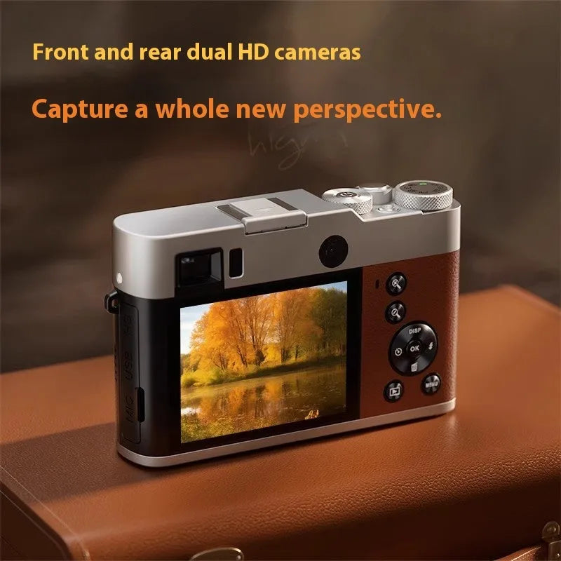 Black 5K HD digital camera with dual lenses, a 2.88-inch screen, and optical viewfinder on top.