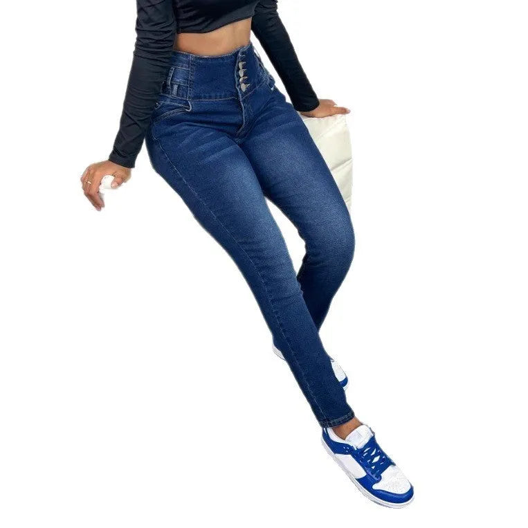 Dark blue women's straight-leg denim trousers with zipper and button detail