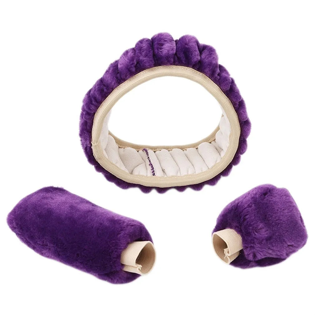 Winter plush car steering wheel cover set in beige, including steering wheel cover, brake sleeve, and gear shift cover