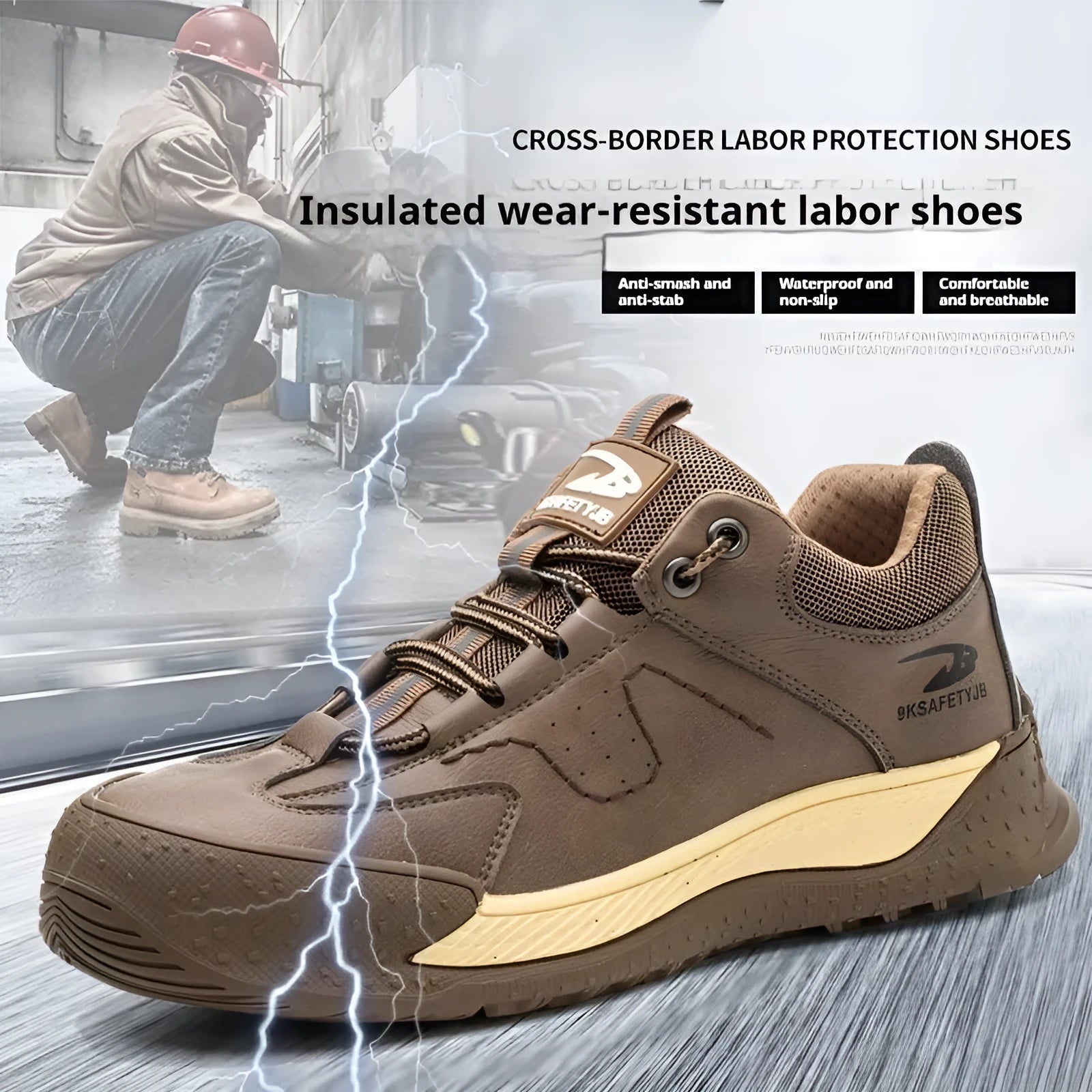 Flyknit work safety shoes in black leather with a rubber sole, shown in a UK size 42.