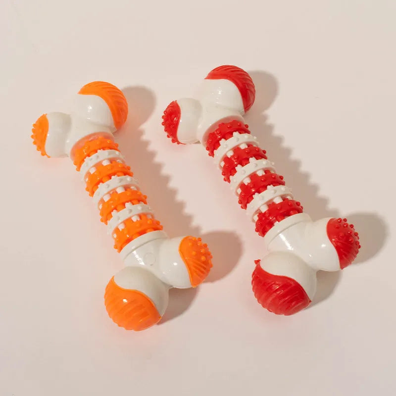 Blue, orange, and red bone-shaped rubber dog chew toy with a treat slot, shown next to dog biscuits.