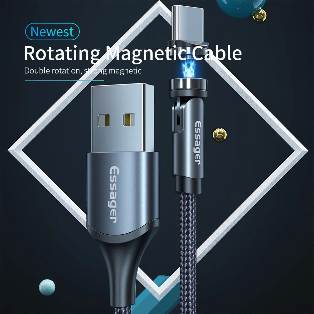 Essager black magnetic USB charging cable with rotating aluminium head and blue LED light on a white background.