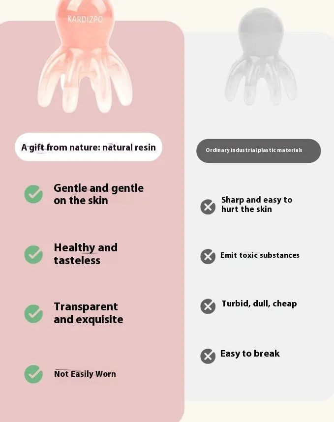 Pink octopus-shaped natural resin massage comb for facial and head massage with storage bag