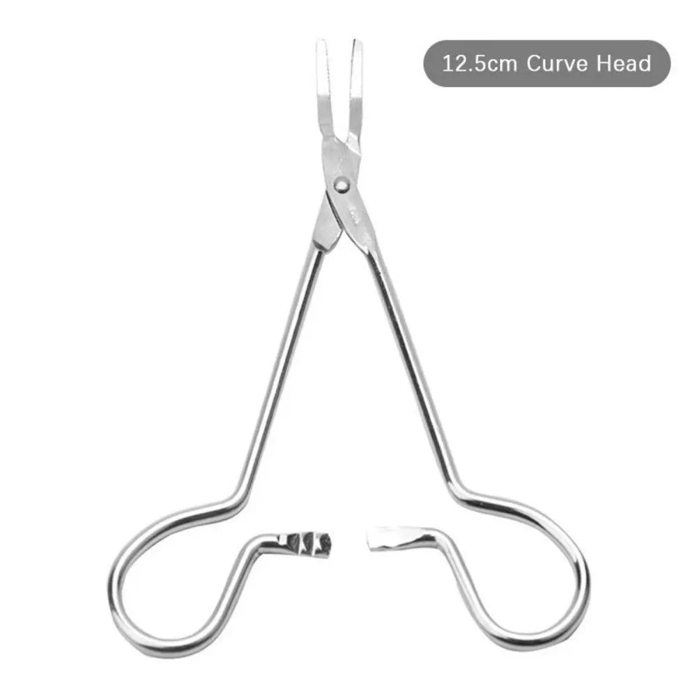 Silver stainless steel pet ear tweezers with curved tip and anti-slip handle, 12.5cm length