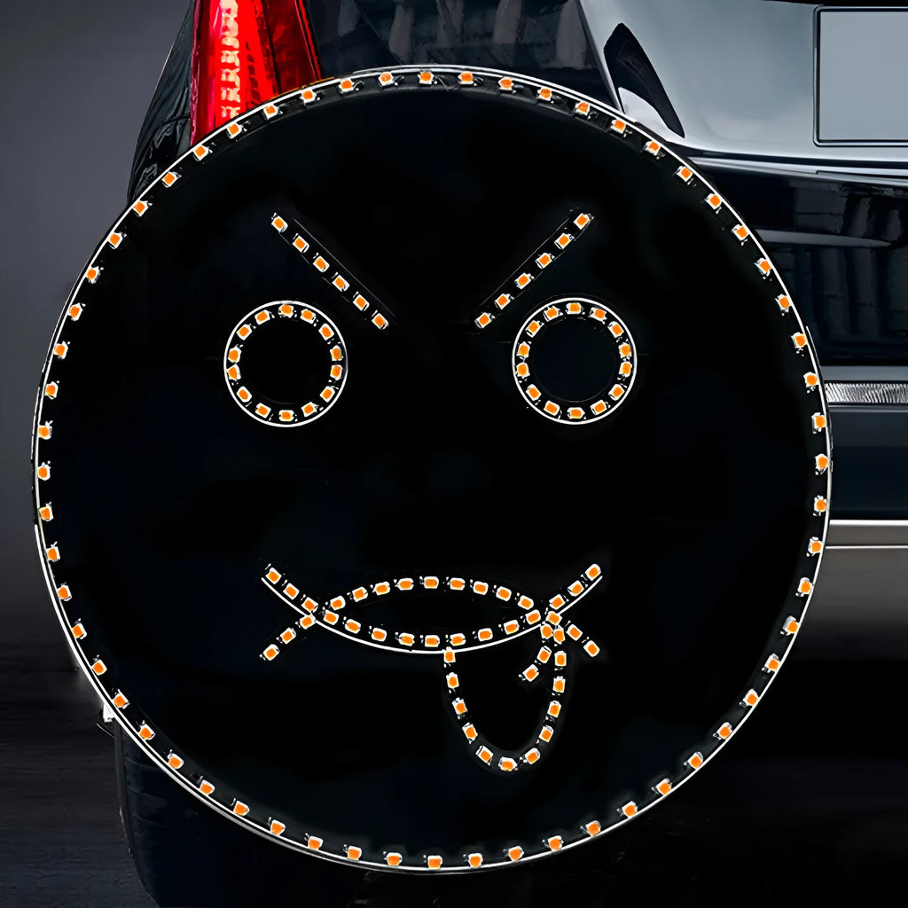 Car rear window LED expression light with 145 orange lamp beads displaying smiley face pattern, black housing, remote control included