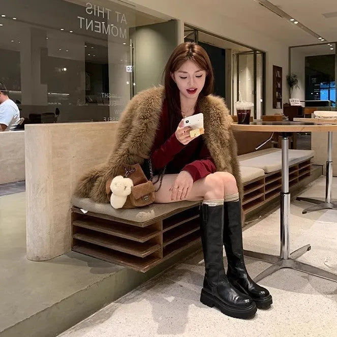 Round head thick bottom chunky heel long tube knight boots in black with back zipper and microfiber upper
