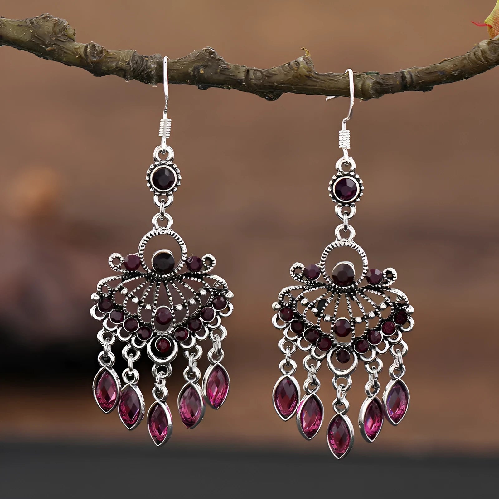 Smart water drop purple retro fringe earrings with crystal detailing and 20-24cm drop length