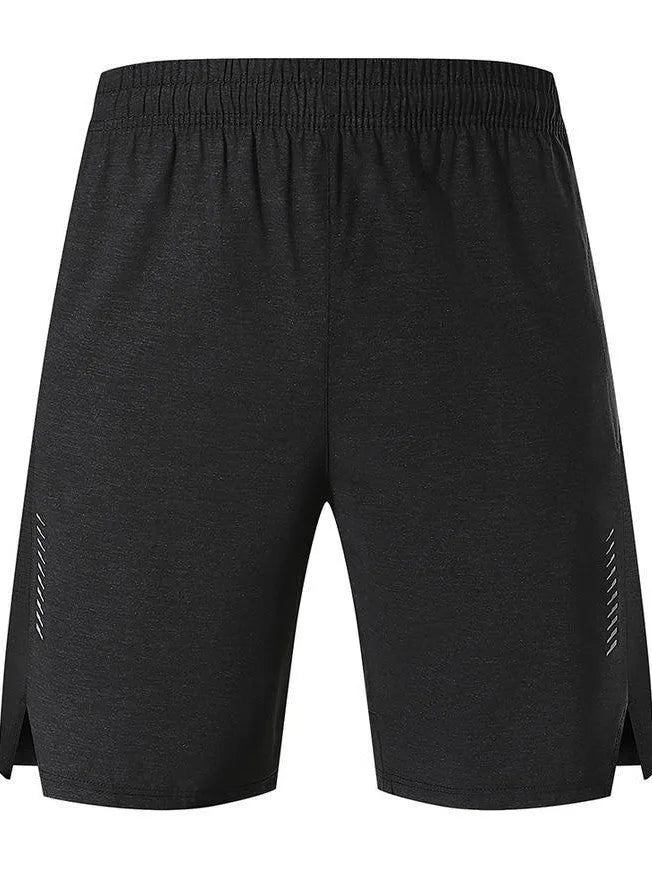 Men's forest green spandex five-point casual shorts laid flat, showing mid-waist design.