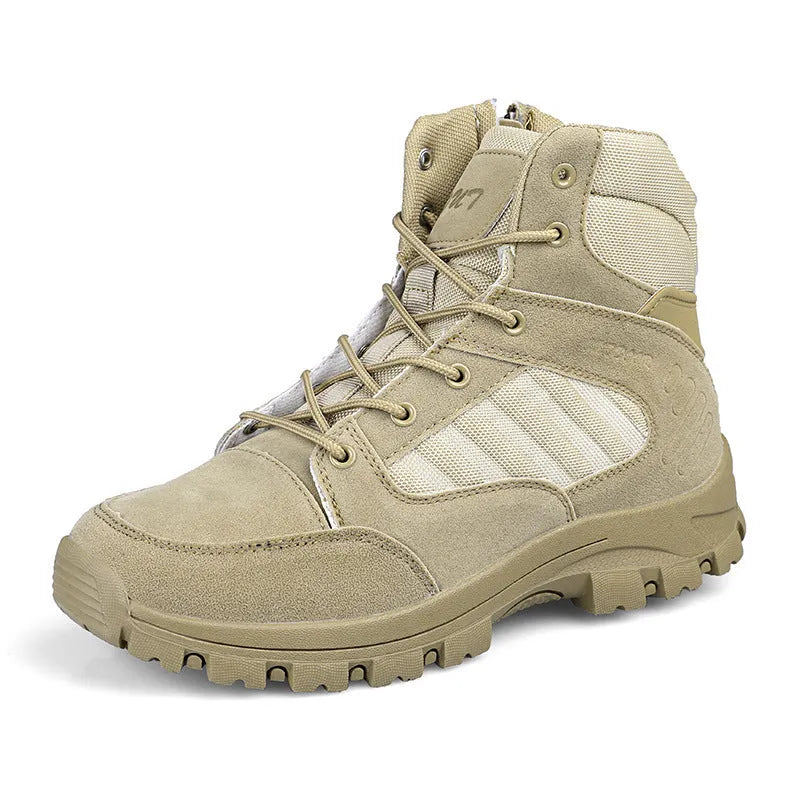 Men's high-top hiking shoes with artificial PU upper and metal accents in black camouflage