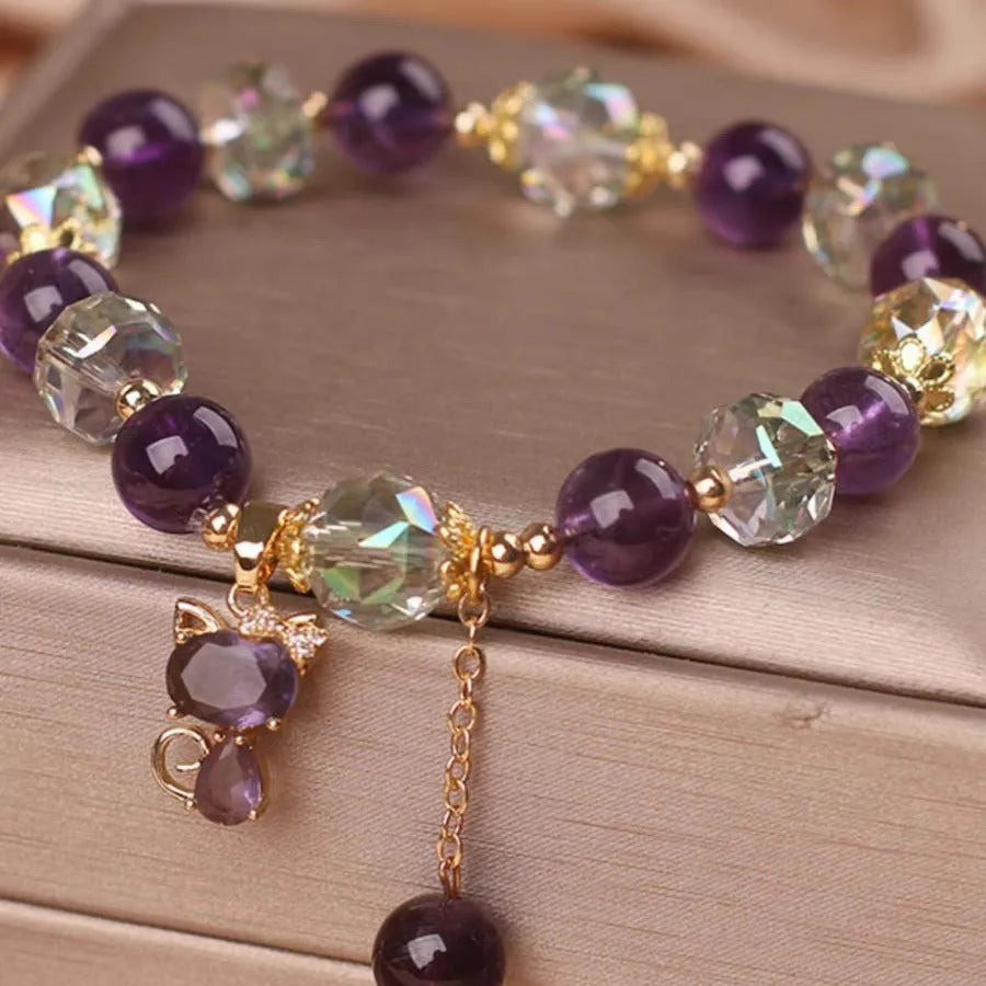 Natural amethyst fox pendant bracelet with antique-style crystal beads and geometric design