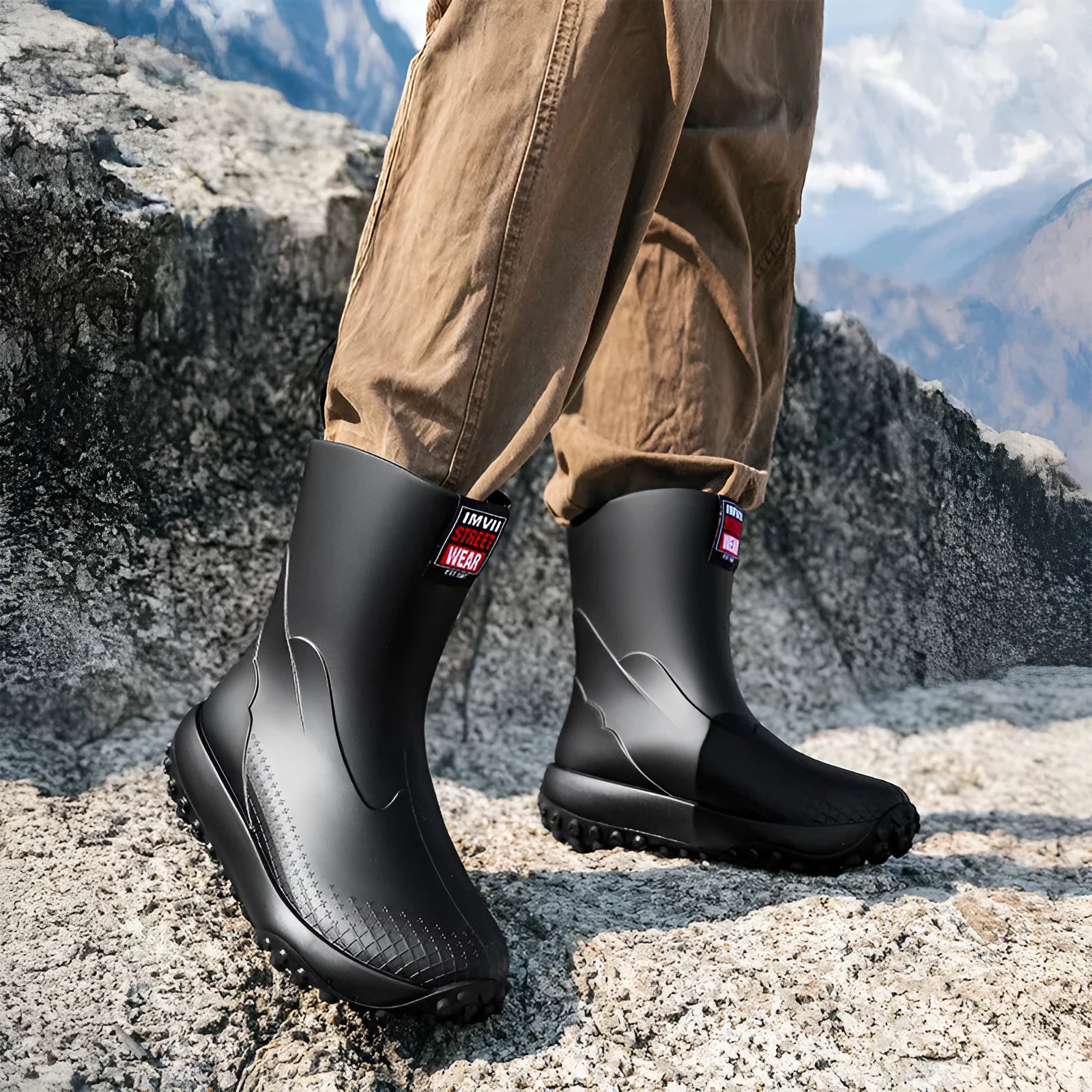 Men's mid low tube rain boots with non-slip sole and PVC upper in black