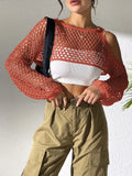 White mesh women's shirt with navel hollowed design for beach wear.