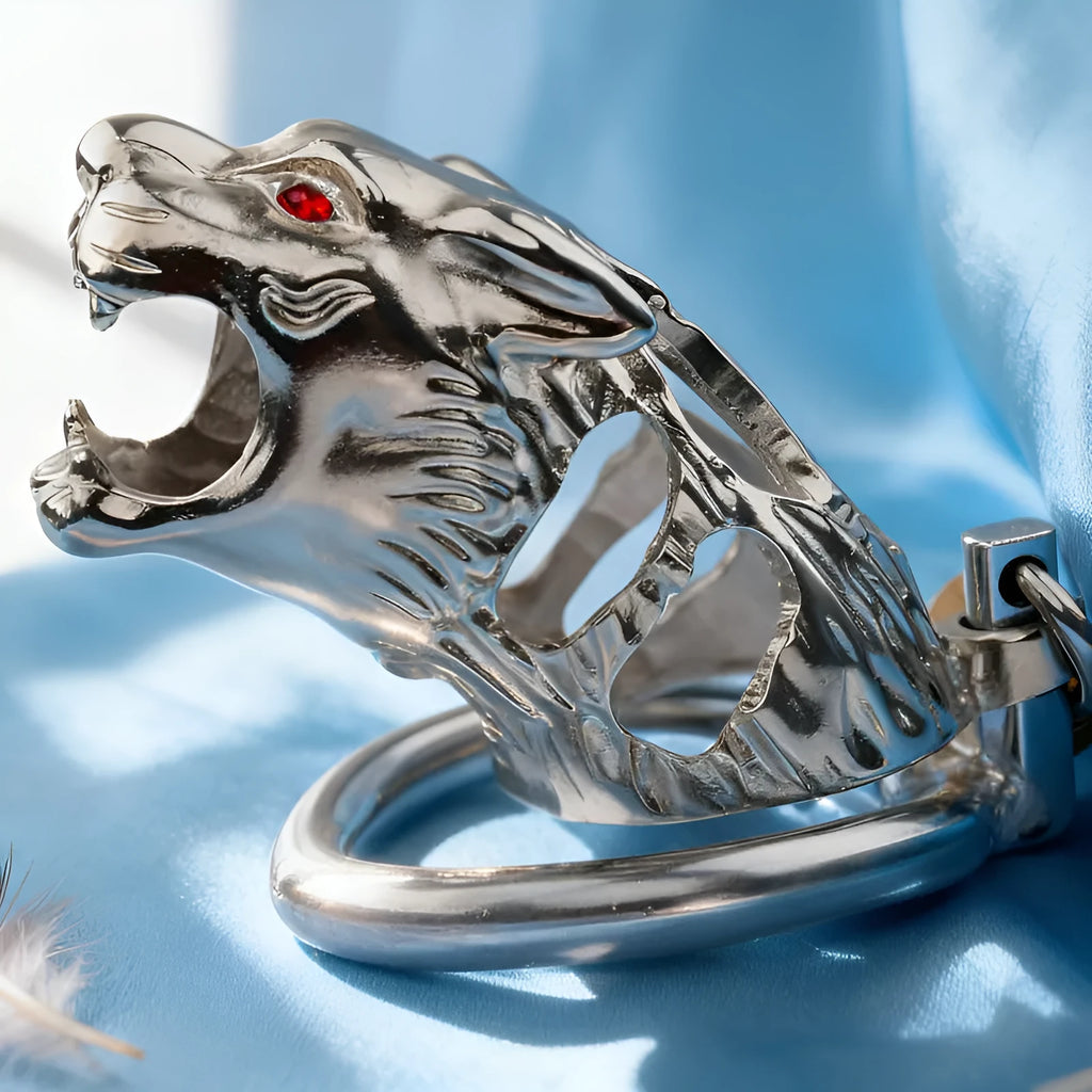Yellow stainless steel chastity lock with tiger head hollow design, available in 40mm 45mm 50mm