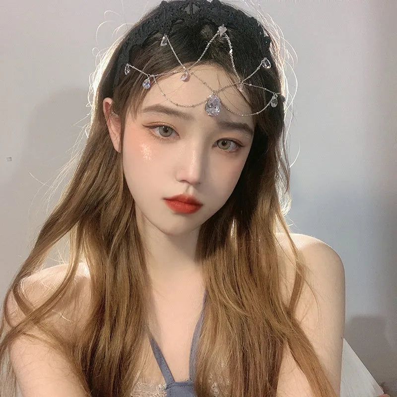 Water drop gem hair jewelry with inlaid artificial gems and semi-precious stones, silver or gold plated alloy, black lace colour