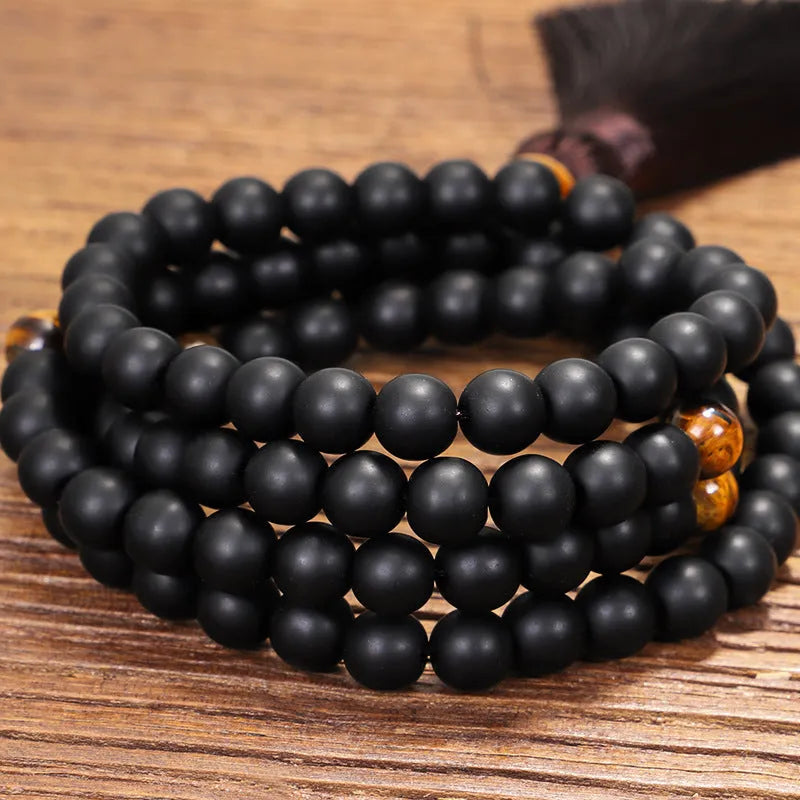 Tiger eye beaded bracelet and necklace set with 108 stones, drop-shaped tassel pendant, and 81cm circumference