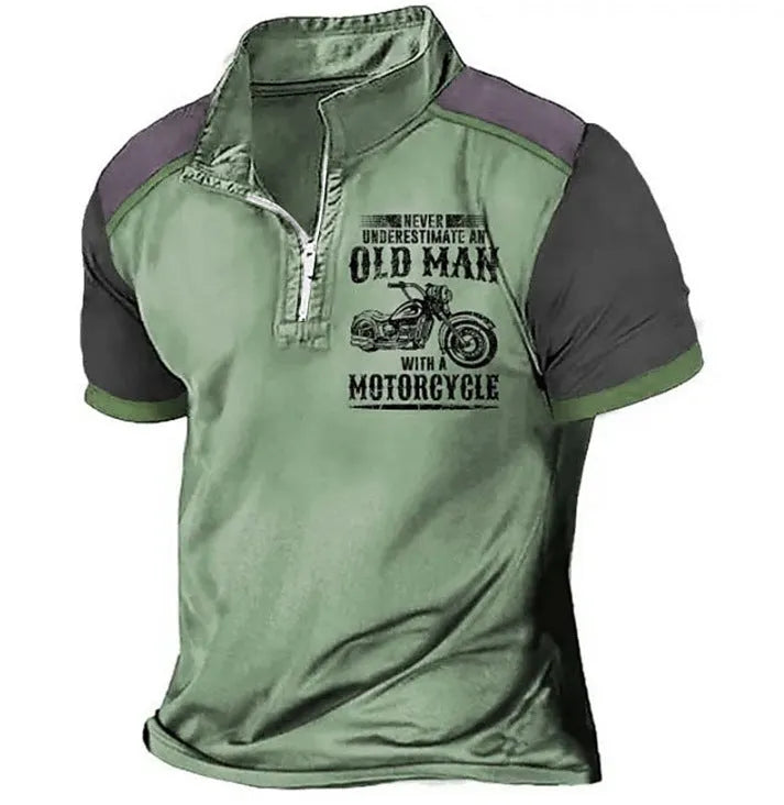 Men's casual polo shirt with lapel zipper decoration and digital print letter pattern