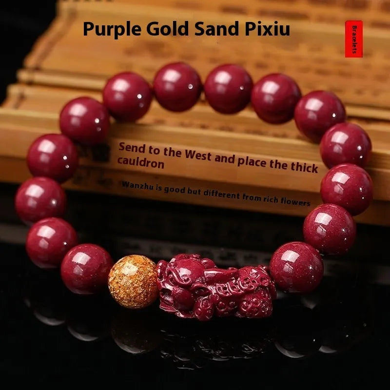 Purple gold sandstone and cinnabar polished bracelet with totem pattern, 10mm beads, unisex
