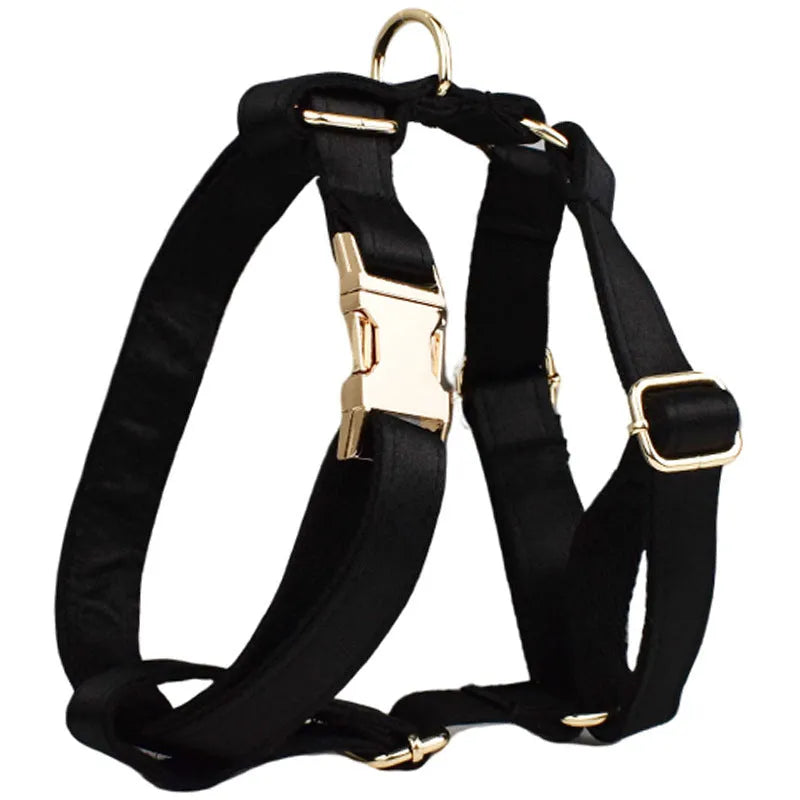 Pet harness set showing cloth collar, leash, decorative bow, and matching vest in four available sizes