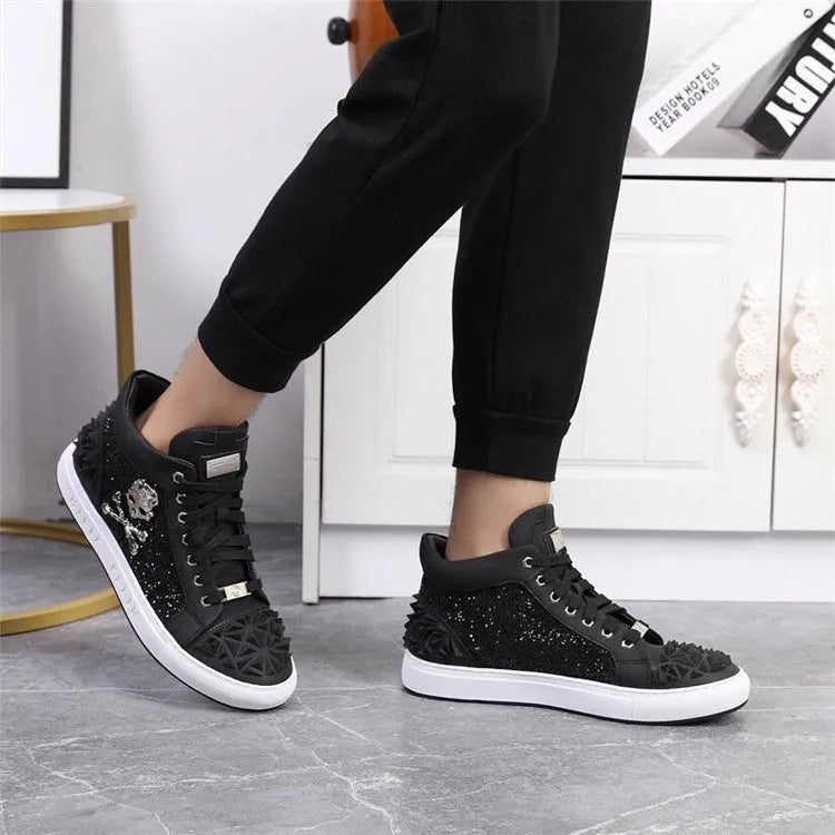 Men's black genuine leather high top skeleton shoes with lace-up closure and rubber soles