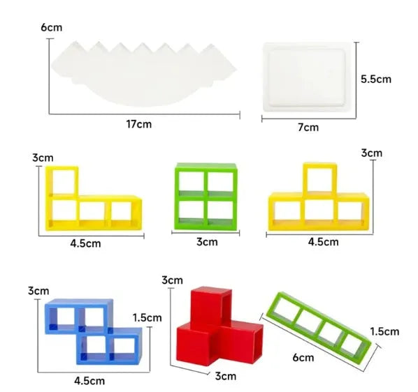 Plastic balance stacking game with 16 coloured blocks, chassis and base for family travel parties